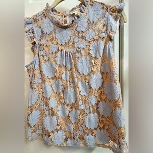 Monteau Beige Lace Tank with Light Blue Floral Appliqué